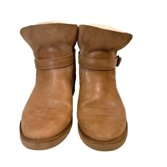 UGG Romely Brown Leather Shearling Lined Ankle Boots - Picture 5 of 9